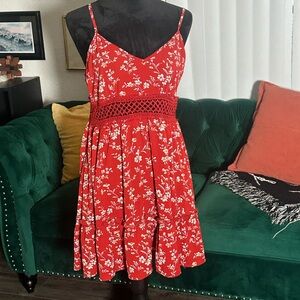 SHEIN Red Floral Mini Dress with Crochet Detail